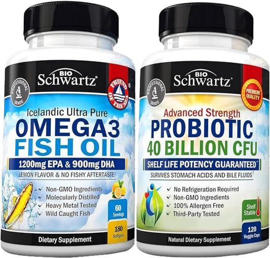 BioSchwartz Triple Strength Omega 3 Fish Oil Softgels and Probiotic Bundle - 2 Month Supply