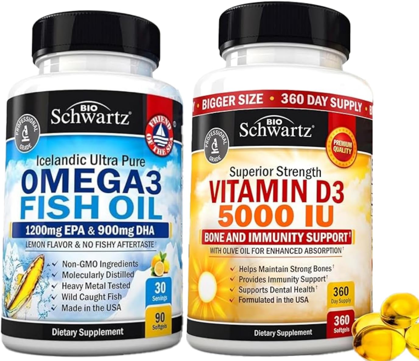 BioSchwartz Triple Strength Omega 3 Fish Oil Softgels with High Strength Vitamin D3 - 1 Month Omega 3 Supply + 1 Year Vitamin D Supply