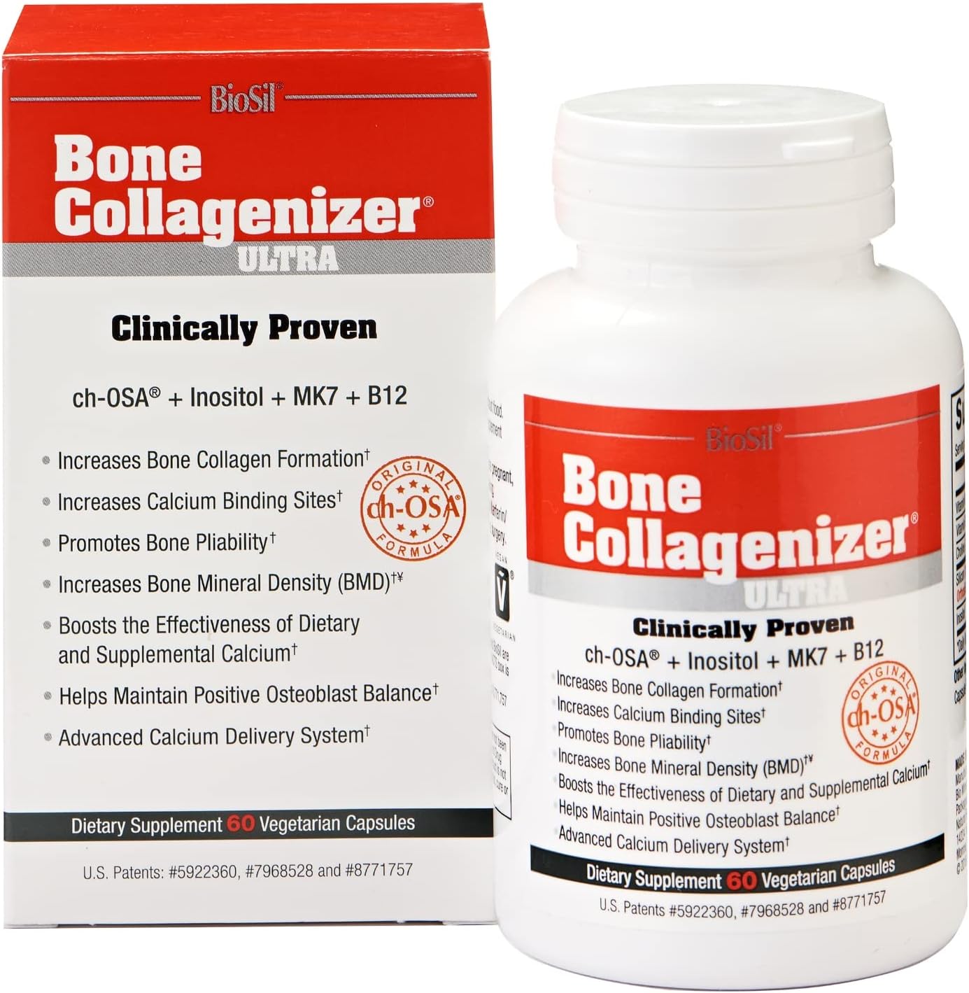 Biosil Bone Collagenizer Ultra Supplement - 60 Veggie Capsules - Enhanced with Patented ch-OSA Complex, Choline, Inositol, MK7 & Vitamin B12 - Non-GMO Formula - 30-Day Supply