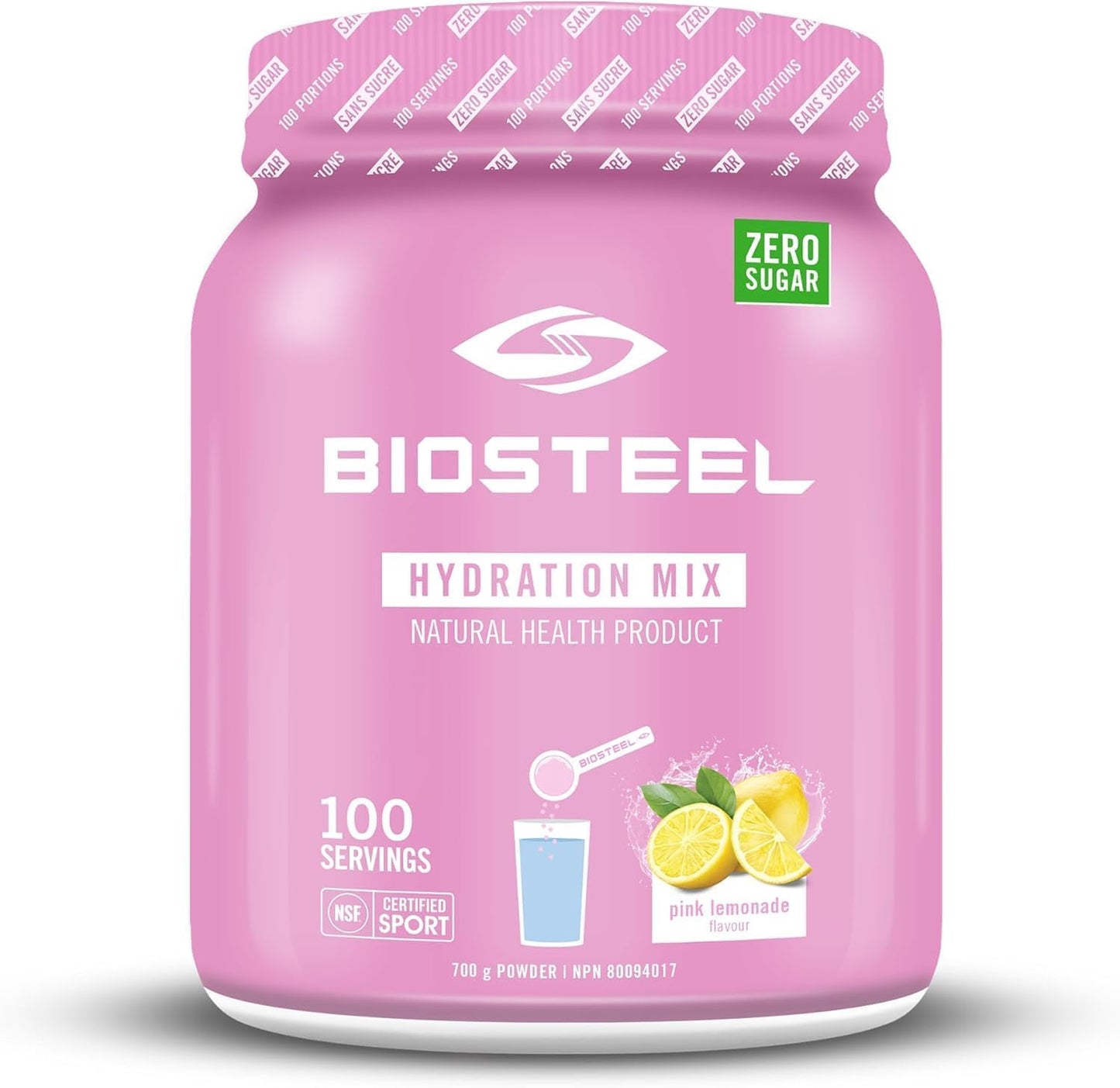 BIOSTEEL Pink Lemonade Hydration Mix, Sugar-Free with 5 Essential Electrolytes, 100 Servings