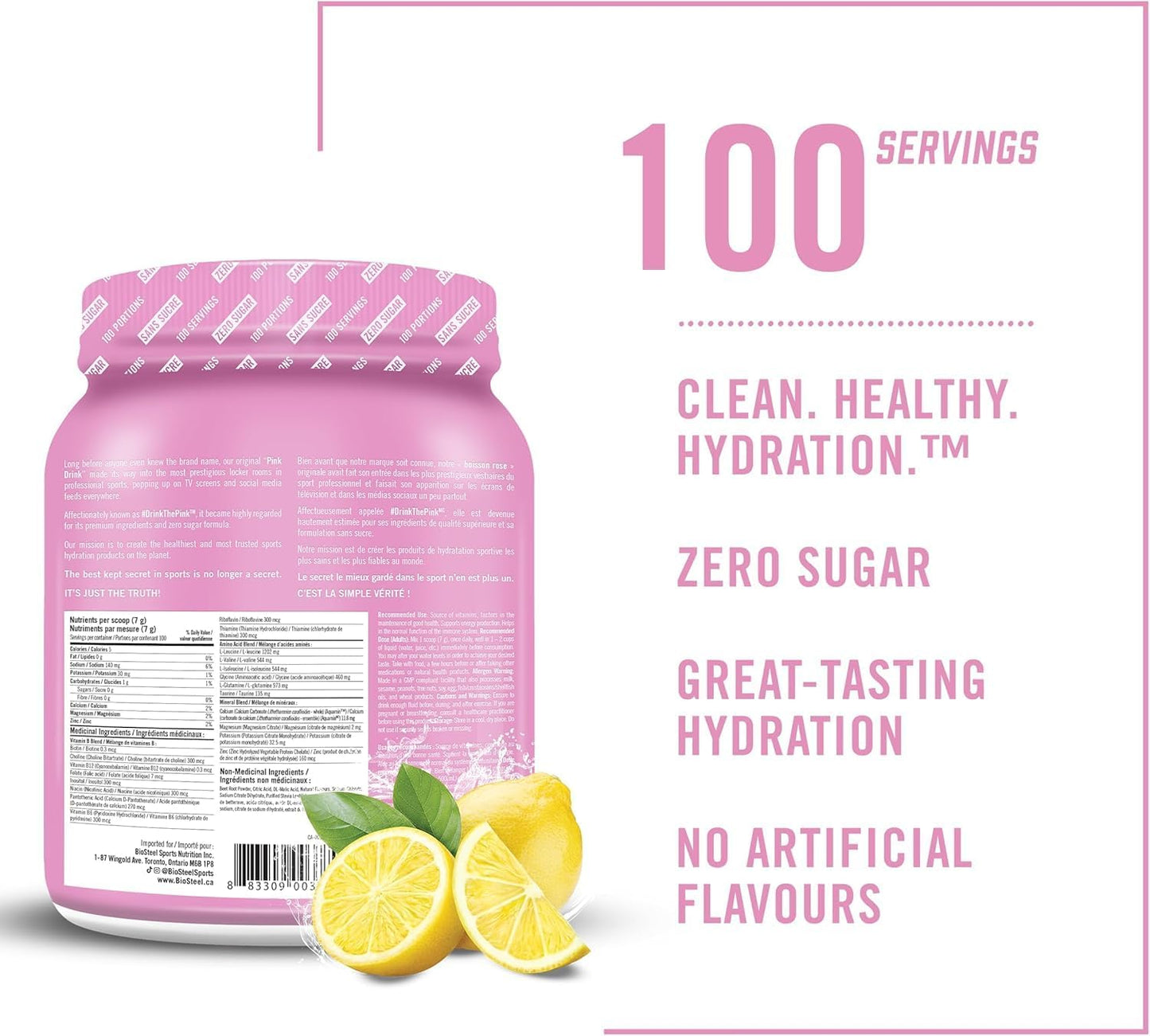 BIOSTEEL Pink Lemonade Hydration Mix, Sugar-Free with 5 Essential Electrolytes, 100 Servings