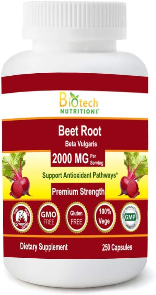 Biotech Nutritions Beet Root Beta Vulgaris 2000mg Capsules - NonGMO, Gelatin Free, Made in USA - 250 Count Bottle