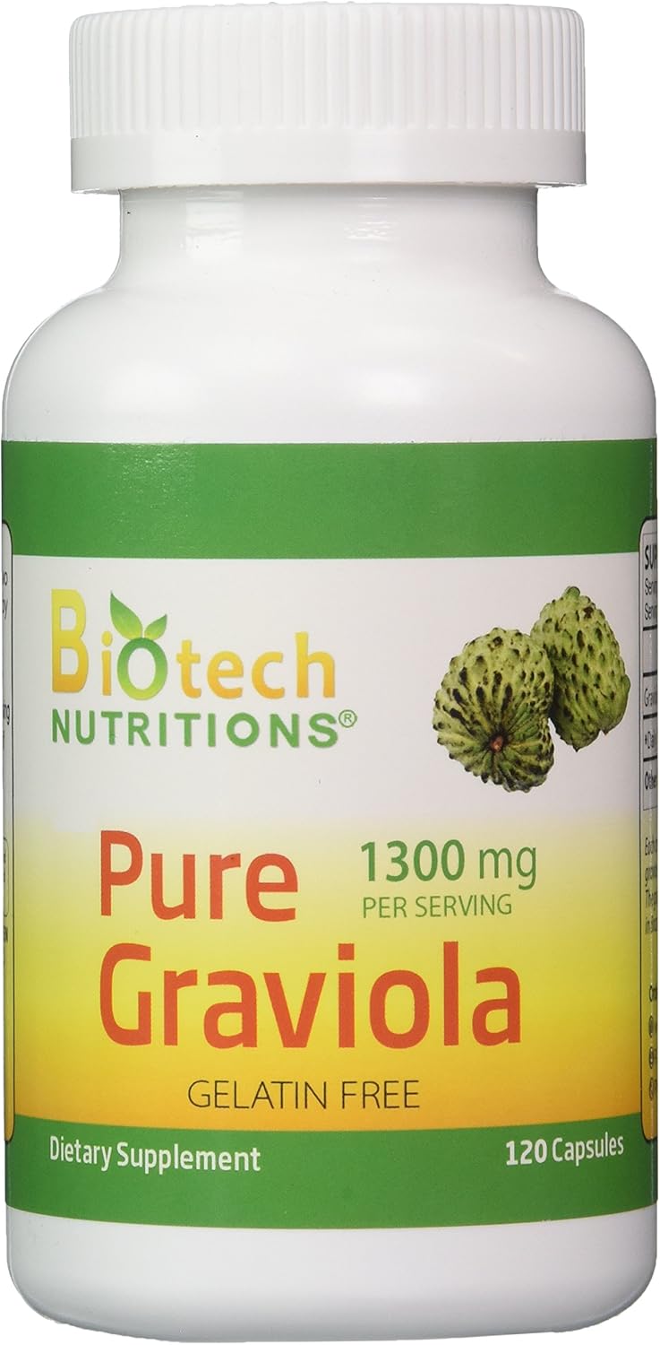 Biotech Nutritions Graviola 100% Pure 1300mg Per Serving - 120 Capsules - Annona muricata