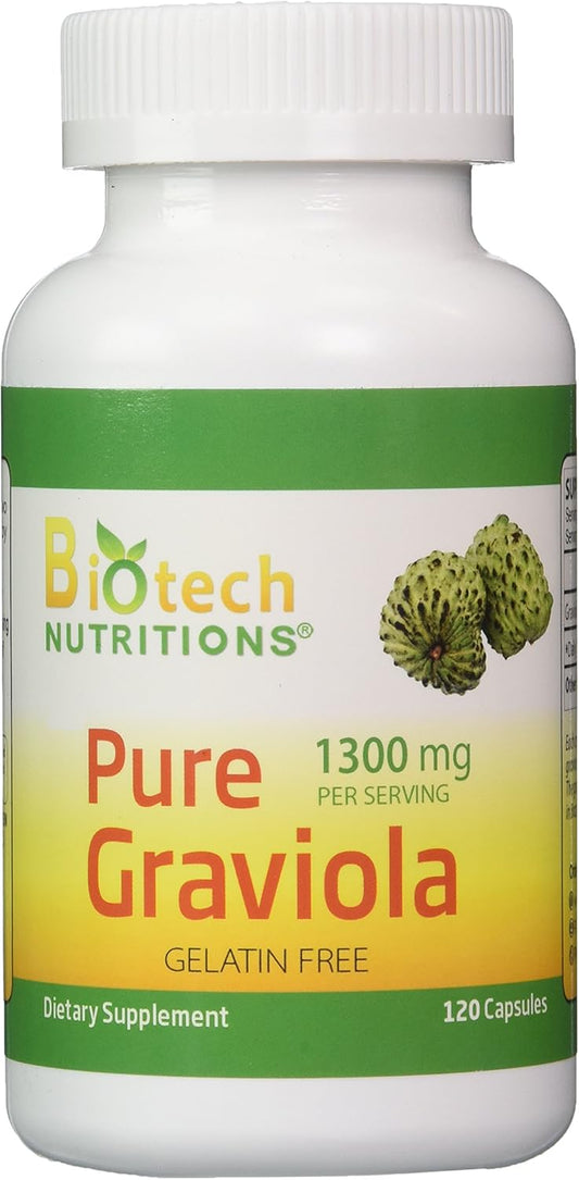 Biotech Nutritions Graviola 100% Pure 1300mg Per Serving - 120 Capsules - Annona muricata