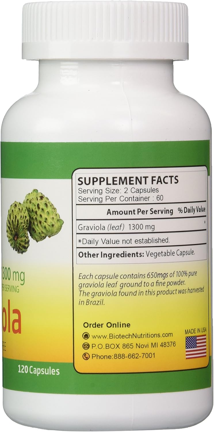 Biotech Nutritions Graviola 100% Pure 1300mg Per Serving - 120 Capsules - Annona muricata