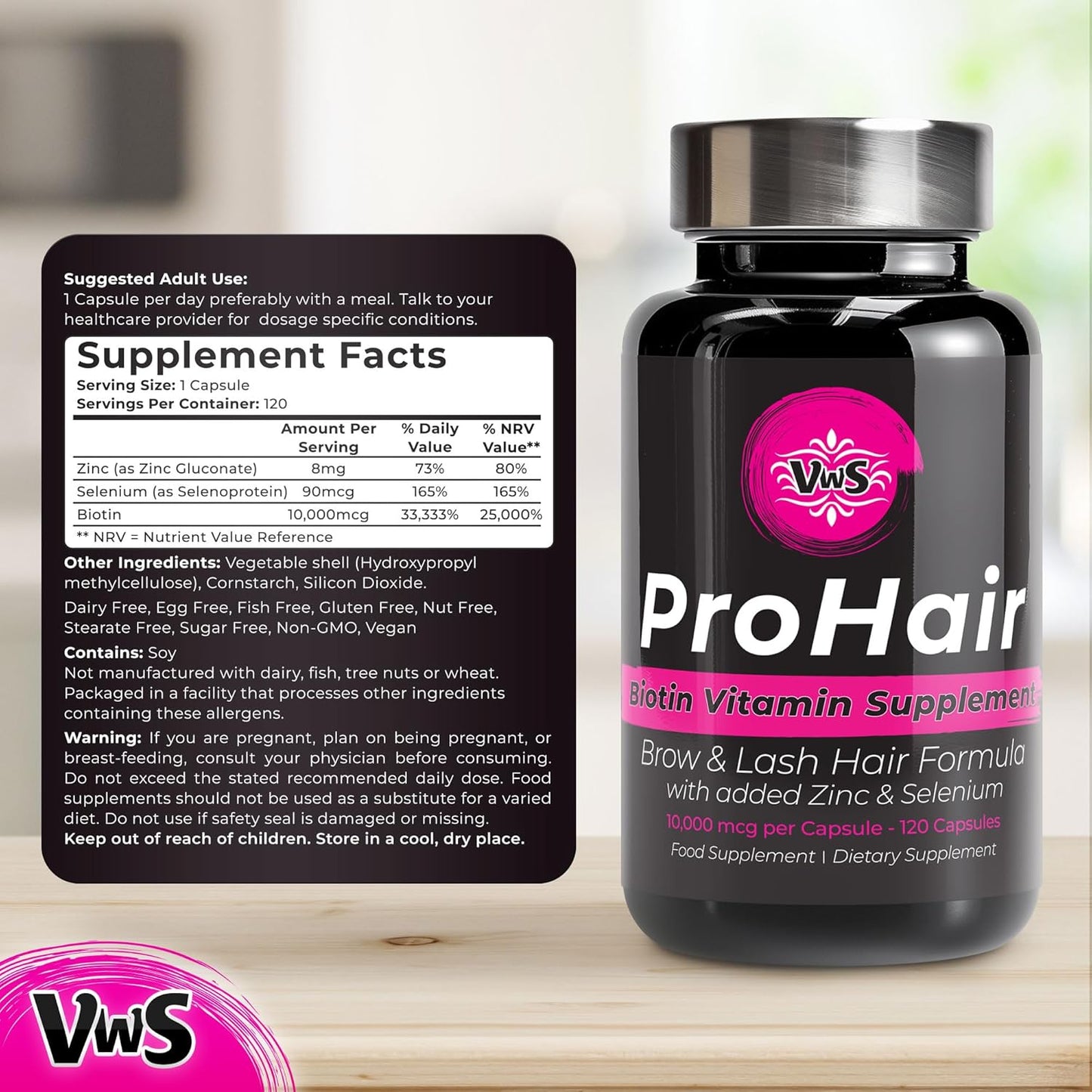 Biotin 10,000 mcg Supplement with Zinc & Selenium for Hair, Nails & Skin - 120 Vegan Capsules for Men and Women