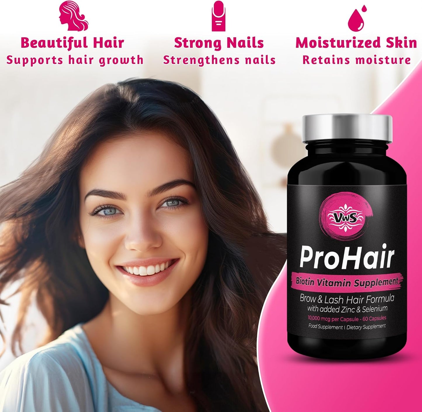 Biotin 10,000 mcg Supplement with Zinc & Selenium for Hair, Nails & Skin - 120 Vegan Capsules for Men and Women