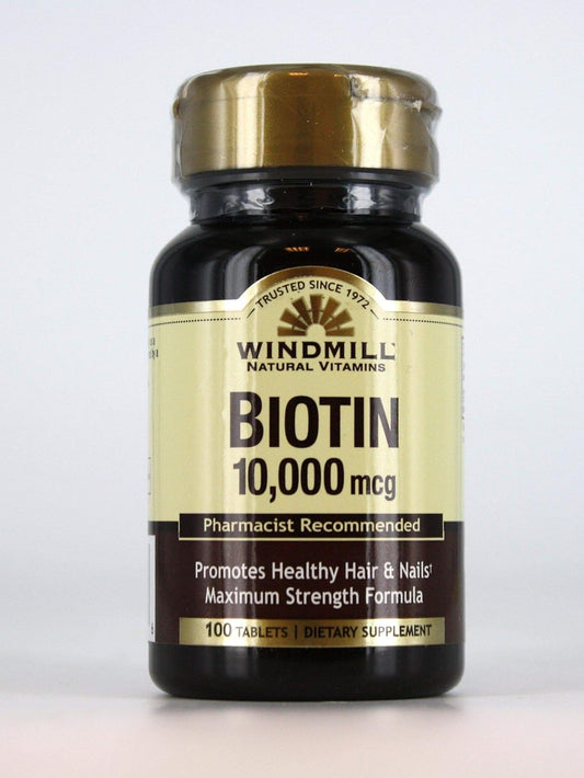 Biotin 10,000 mcg Windmill Supplement - 100 Tablets for Hair, Skin, and Nails