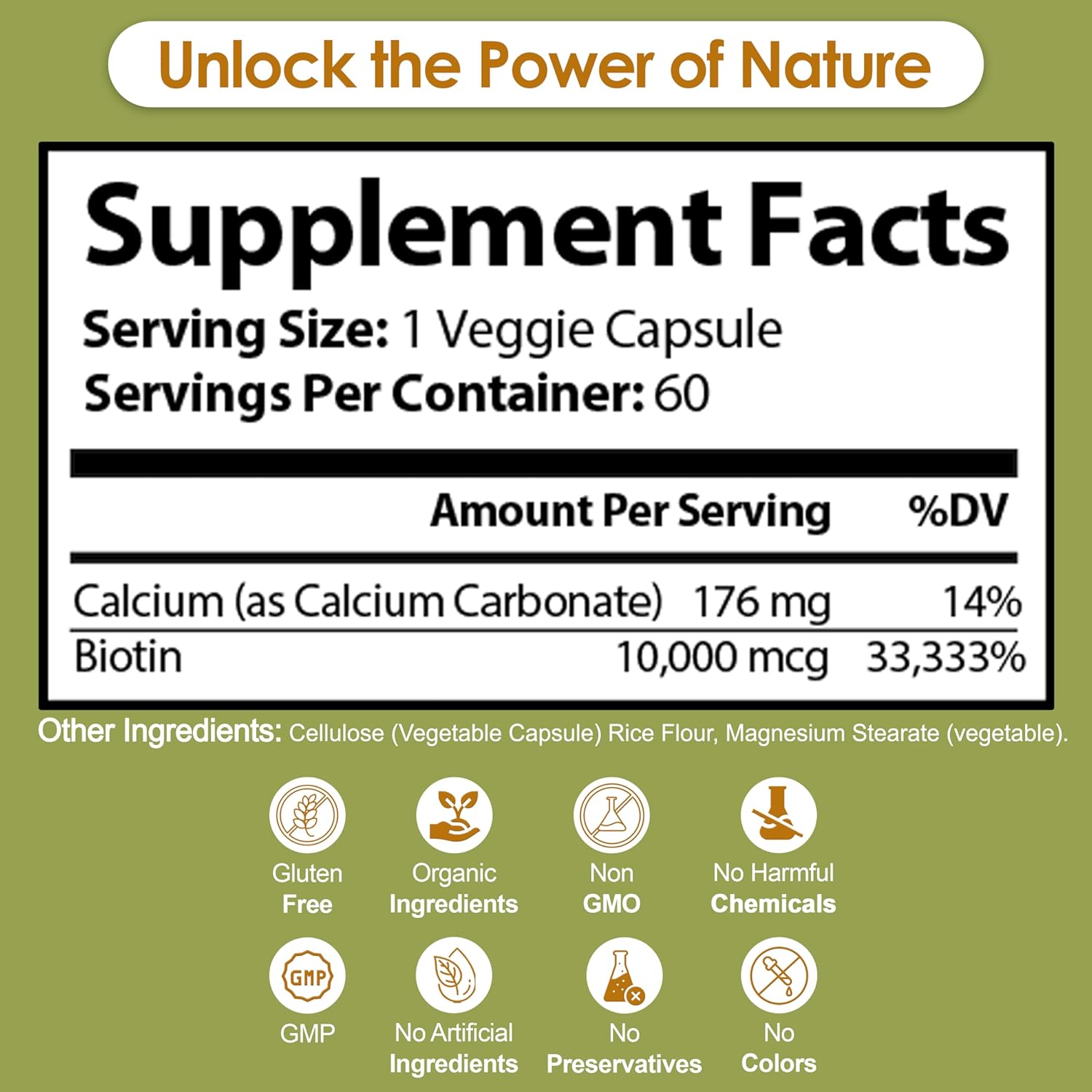 Biotin 10000mcg Capsules with Calcium for Hair Skin and Nails - Vegan Supplement for Hair Growth 60 Count