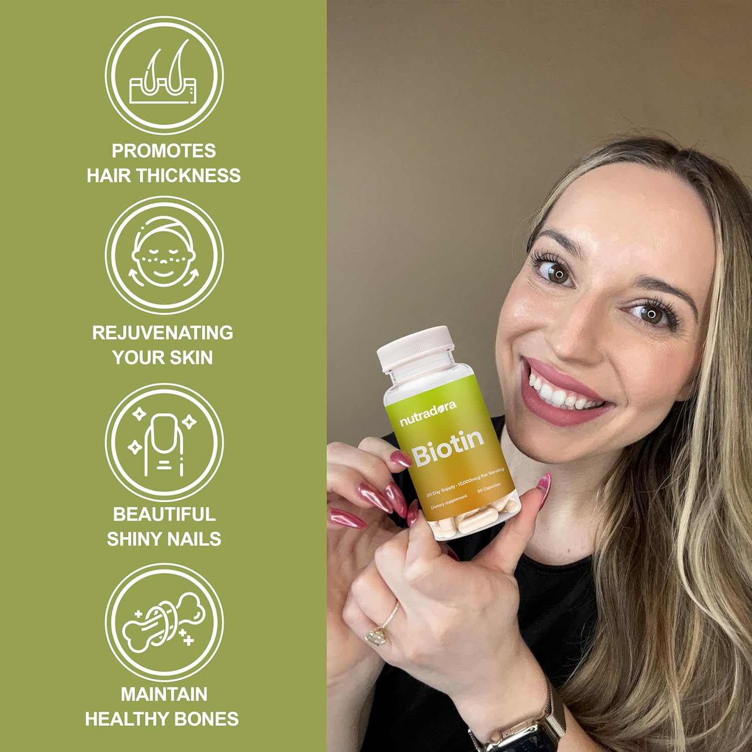 Biotin 10000mcg Capsules with Calcium for Hair Skin and Nails - Vegan Supplement for Hair Growth 60 Count