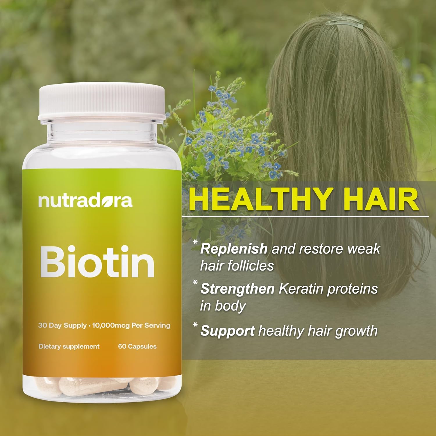 Biotin 10000mcg Capsules with Calcium for Hair Skin and Nails - Vegan Supplement for Hair Growth 60 Count