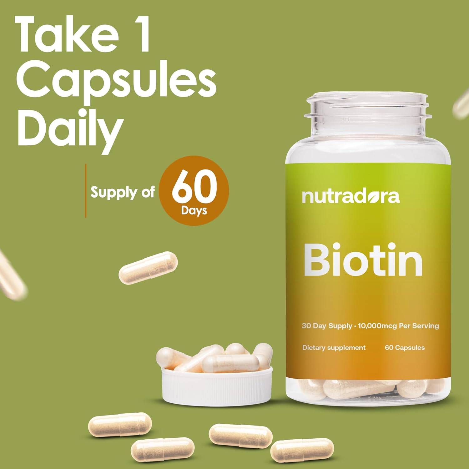 Biotin 10000mcg Capsules with Calcium for Hair Skin and Nails - Vegan Supplement for Hair Growth 60 Count