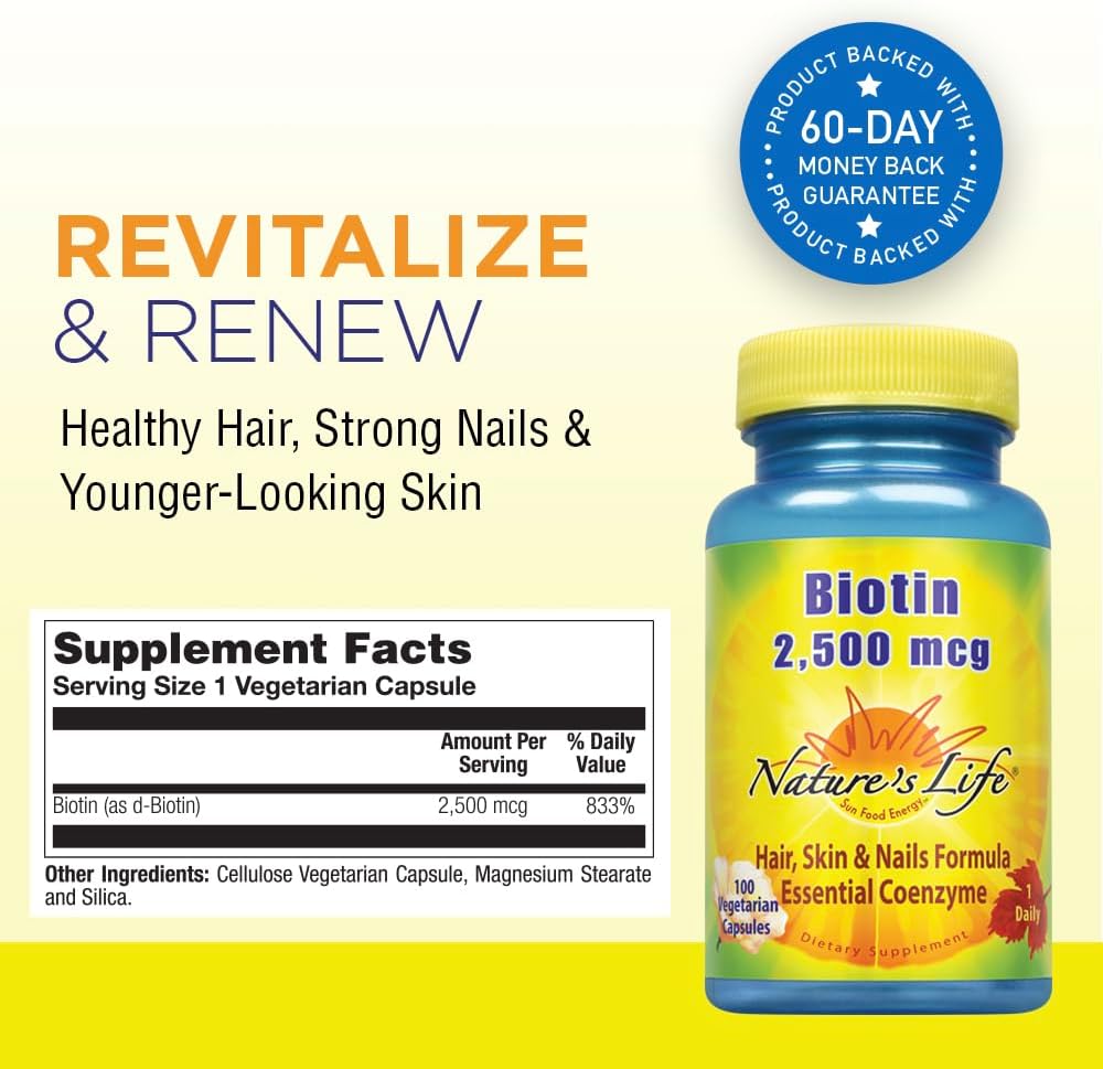 Biotin 2500mcg Supplement for Hair, Skin, Nails & Metabolism | Non-GMO | 100 Veg Caps