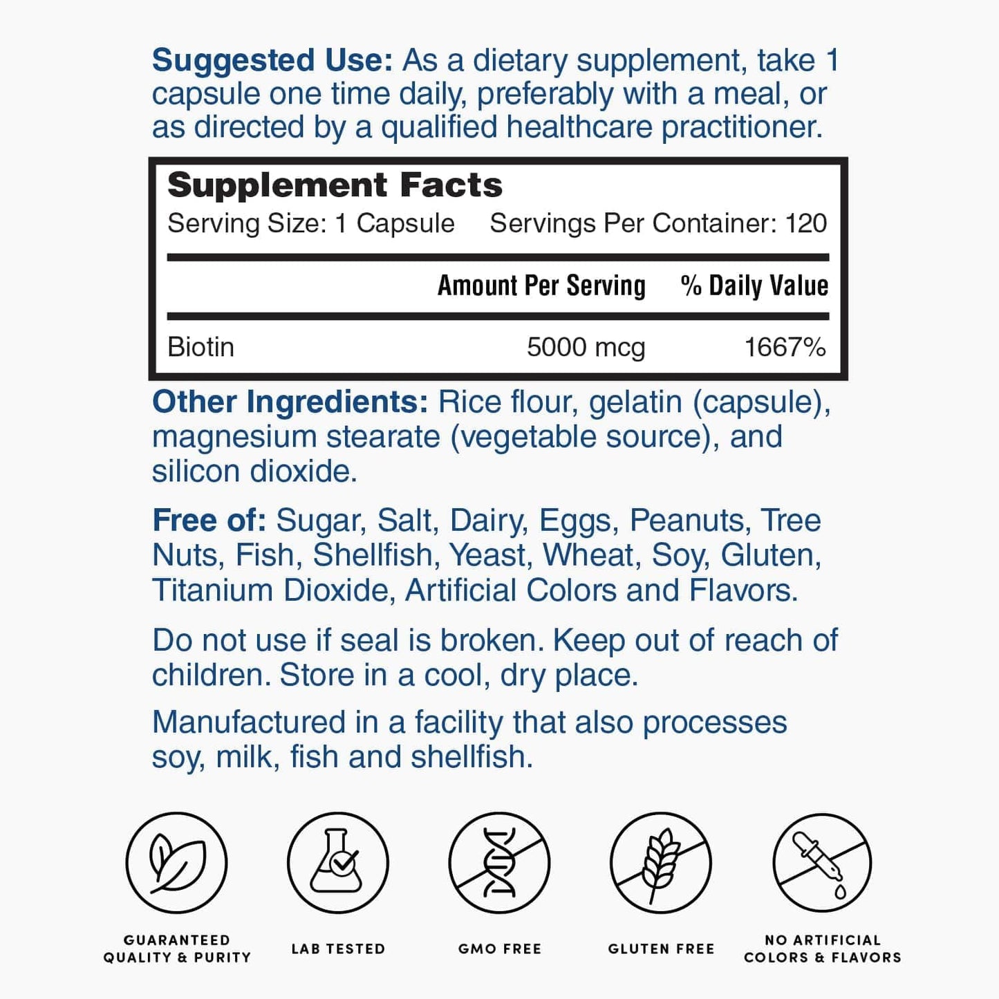 Biotin 5000 mcg Capsules - Supports Healthy Hair, Skin & Nails - 120 Count (4 Month Supply)