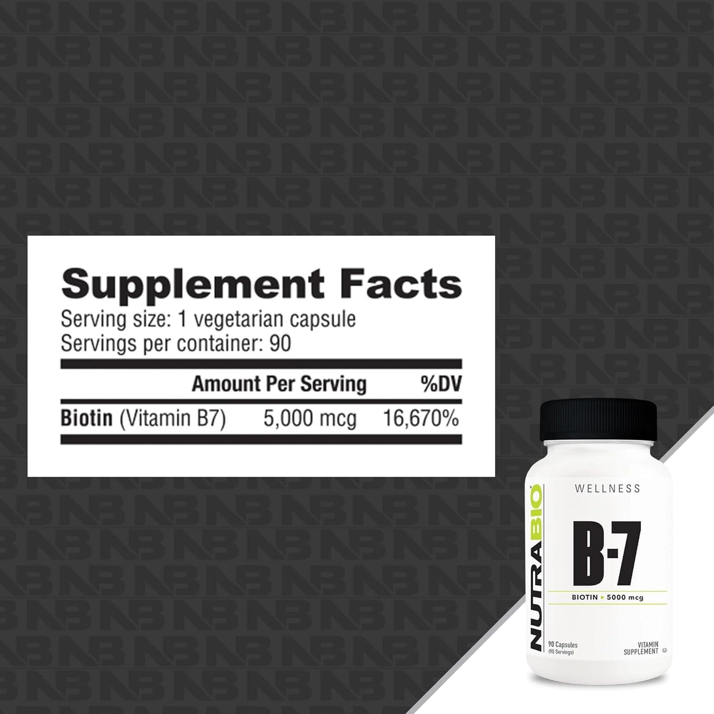 Biotin 5000mcg Supplement for Healthy Hair, Skin, and Nails - 90 Vegetable Capsules