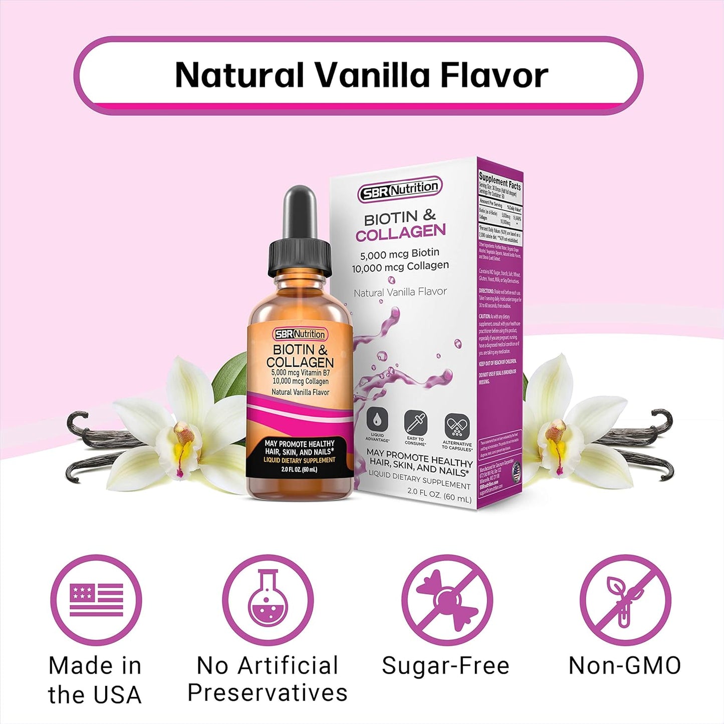 Biotin and Collagen Liquid Supplement for Hair Growth, Skin Health, and Nail Strength - 2 oz Bottle