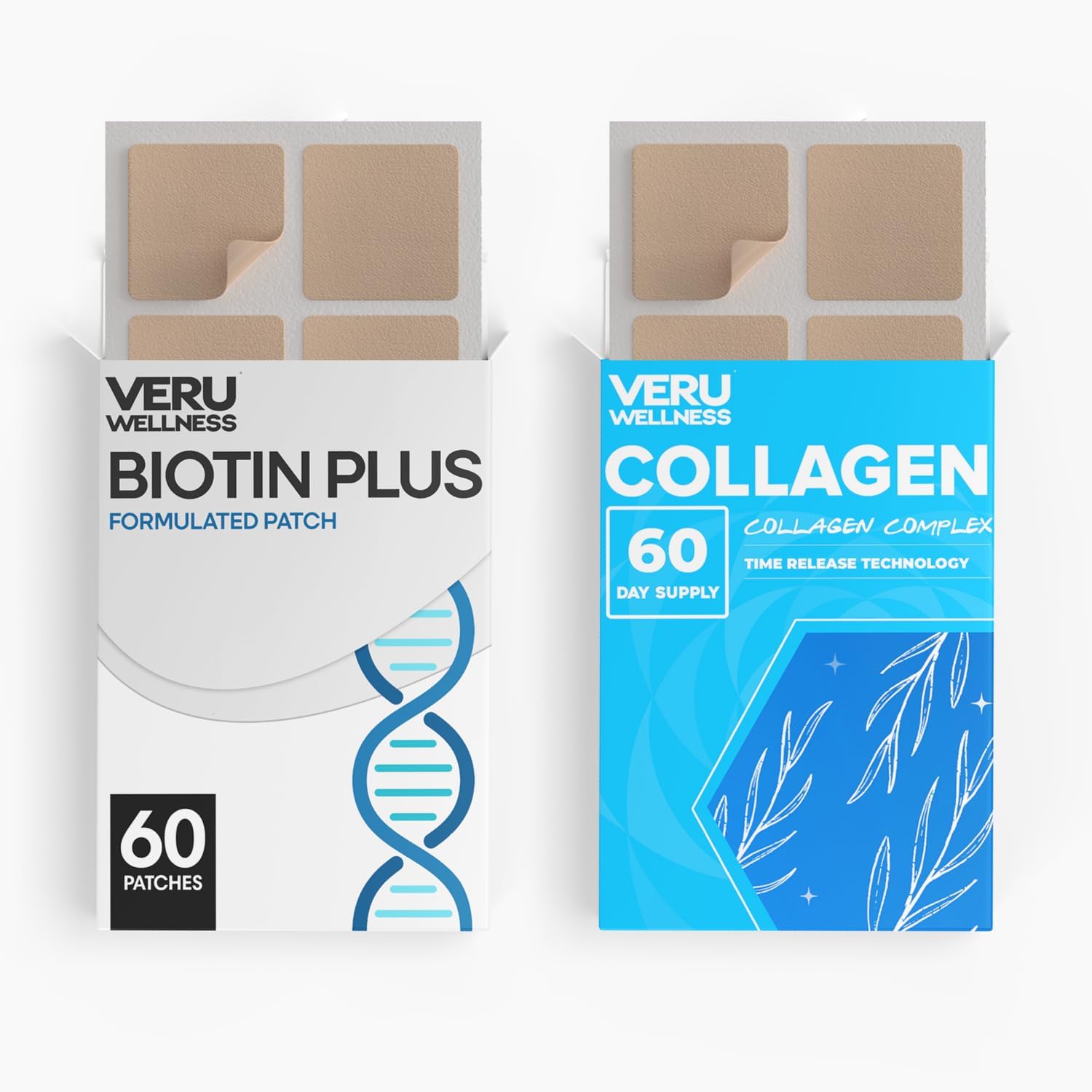 Biotin Collagen Hair Skin Nail Patches - 60 Day Supply, Self Adhesive Time Release Patch, 8-10 Hours - Veru Wellness Lifestyle Duo