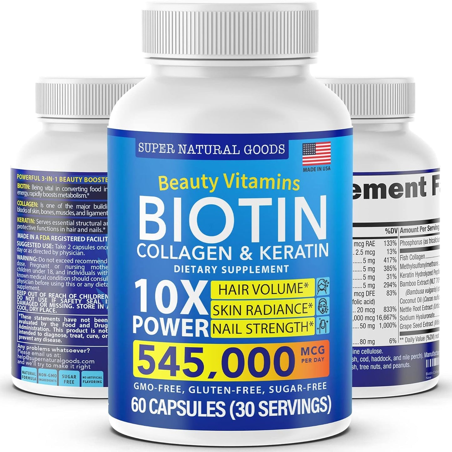 Biotin, Collagen, Keratin, and Folate Hair Loss Treatment Vitamins for Men & Women - Hair Growth, Follicle, Skin, Nails - Postpartum Support - GMO & Gluten Free - 60 Capsules