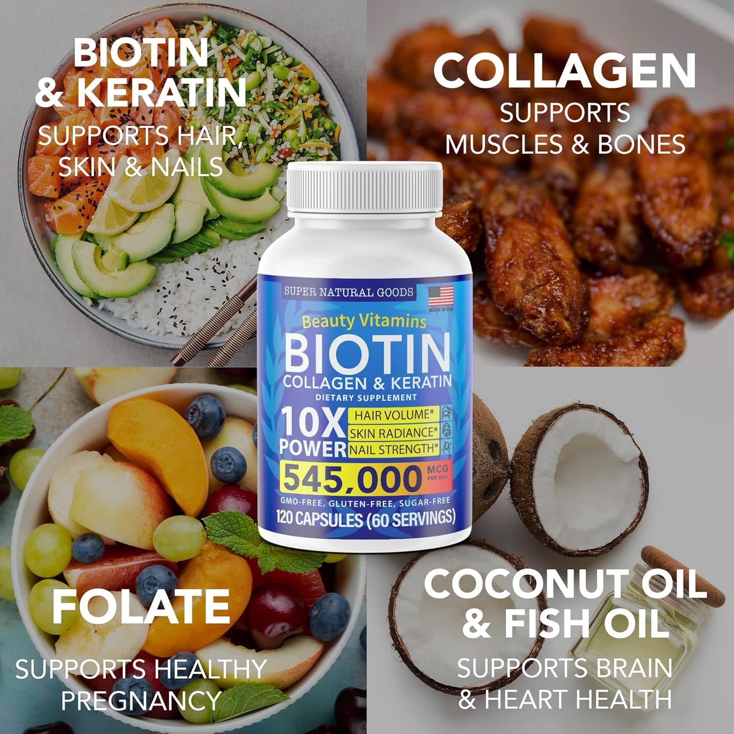 Biotin, Collagen, Keratin, and Folate Hair Loss Treatment Vitamins for Men & Women - Hair Growth, Follicle, Skin, Nails - Postpartum Support - GMO & Gluten Free - 60 Capsules