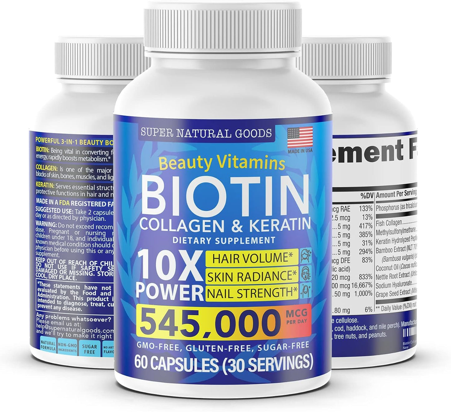 Biotin, Collagen, Keratin, and Folate Hair Loss Treatment Vitamins for Men & Women - Hair Growth, Follicle, Skin, Nails - Postpartum Support - GMO & Gluten Free - 60 Capsules