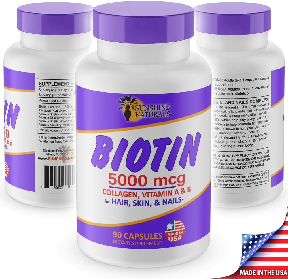 Biotin Dietary Supplement for Healthier Skin, Hair, and Nails. Enriched with Collagen, Vitamin A and B. 5000 mcg, 90 Capsules.
