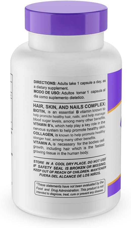 Biotin Dietary Supplement for Healthier Skin, Hair, and Nails. Enriched with Collagen, Vitamin A and B. 5000 mcg, 90 Capsules.
