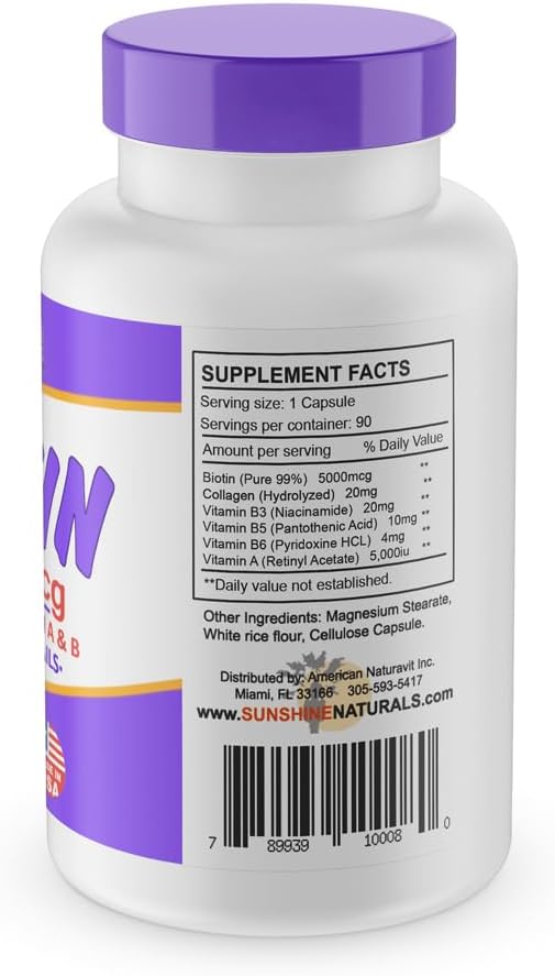 Biotin Dietary Supplement for Healthier Skin, Hair, and Nails. Enriched with Collagen, Vitamin A and B. 5000 mcg, 90 Capsules.