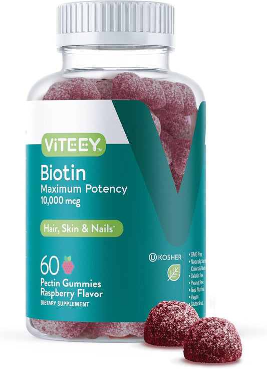 Biotin Gummies 10,000mcg for Hair Skin Nails - Hair Growth, Healthy Skin & Nails - Vegan, Gluten-Free Raspberry Flavor