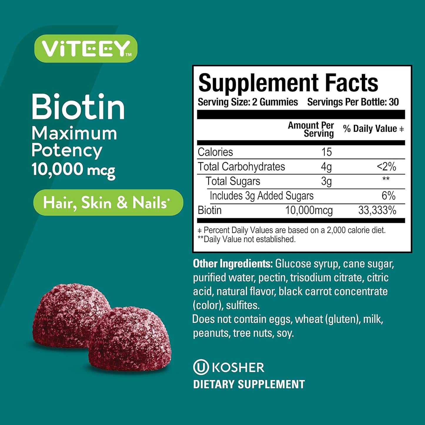 Biotin Gummies 10,000mcg for Hair Skin Nails - Hair Growth, Healthy Skin & Nails - Vegan, Gluten-Free Raspberry Flavor