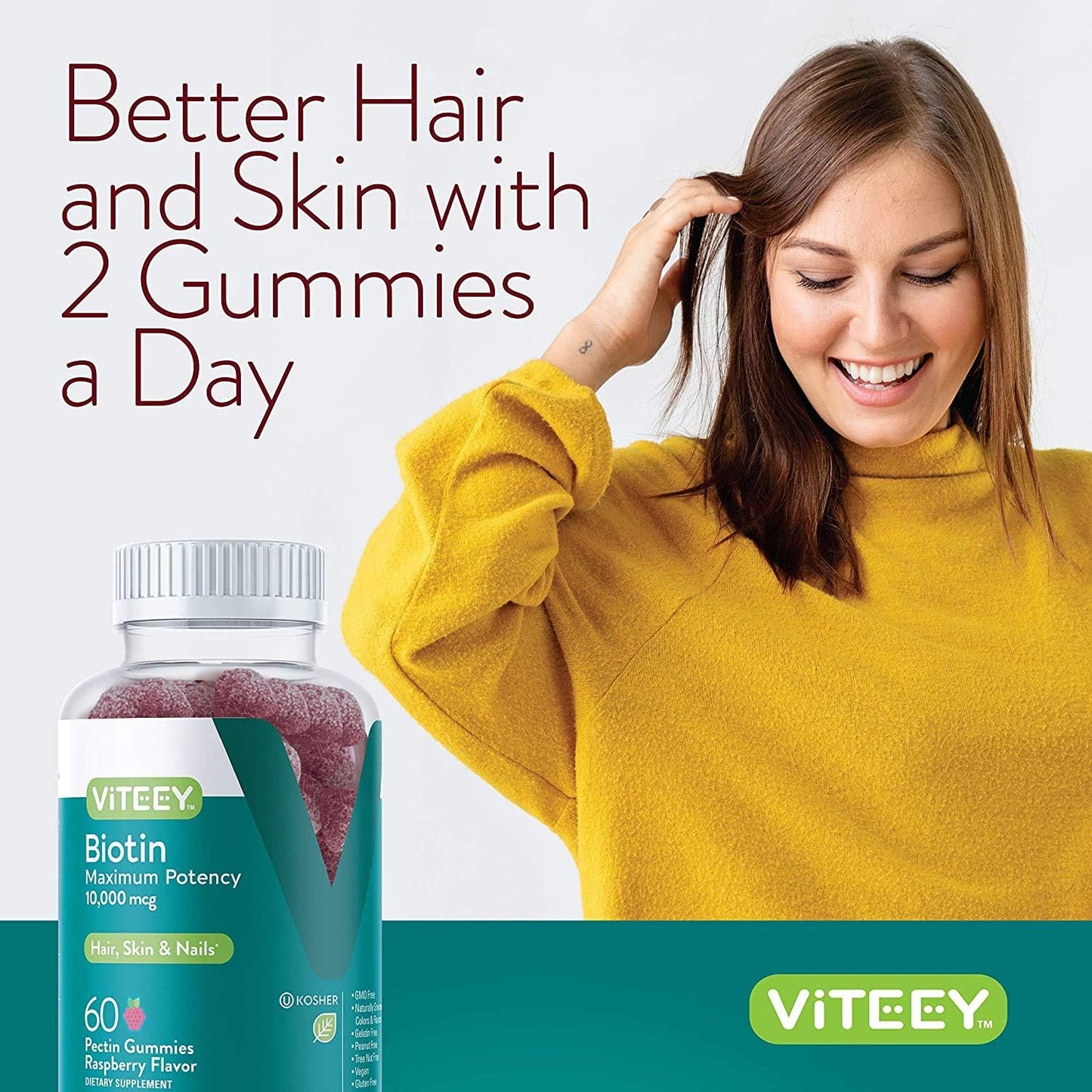 Biotin Gummies 10,000mcg for Hair Skin Nails - Hair Growth, Healthy Skin & Nails - Vegan, Gluten-Free Raspberry Flavor