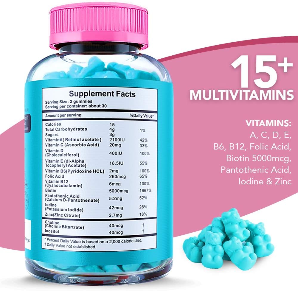 Biotin Gummies for Hair, Skin, and Nails with Vitamins A, C, D, E, B6, B12, and Zinc - Vegan Bear Shaped Supplement for Faster Hair Growth in Women and Men