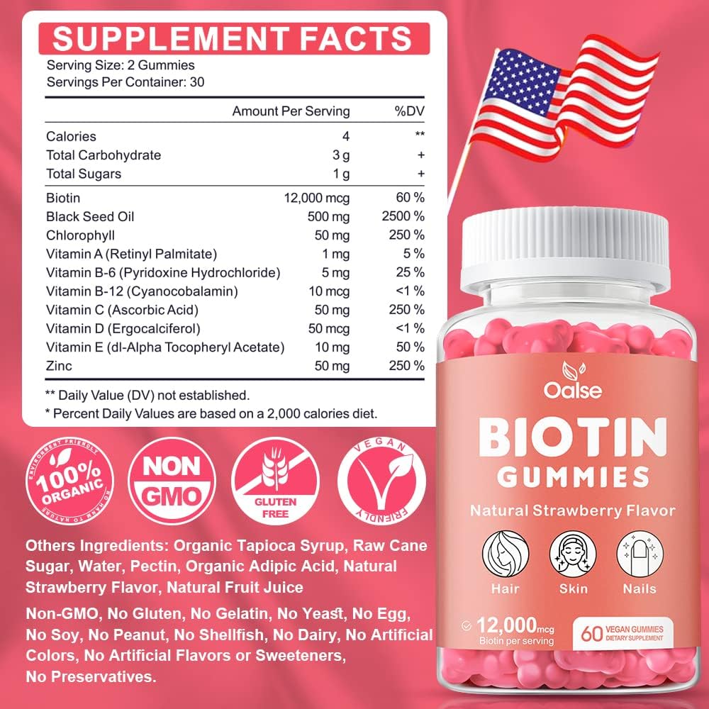Biotin Gummies with Chlorophyll, Black Seed Oil, Multivitamins & Zinc - Hair, Skin, and Nails Support for Women - 12,000mcg (2-Pack)