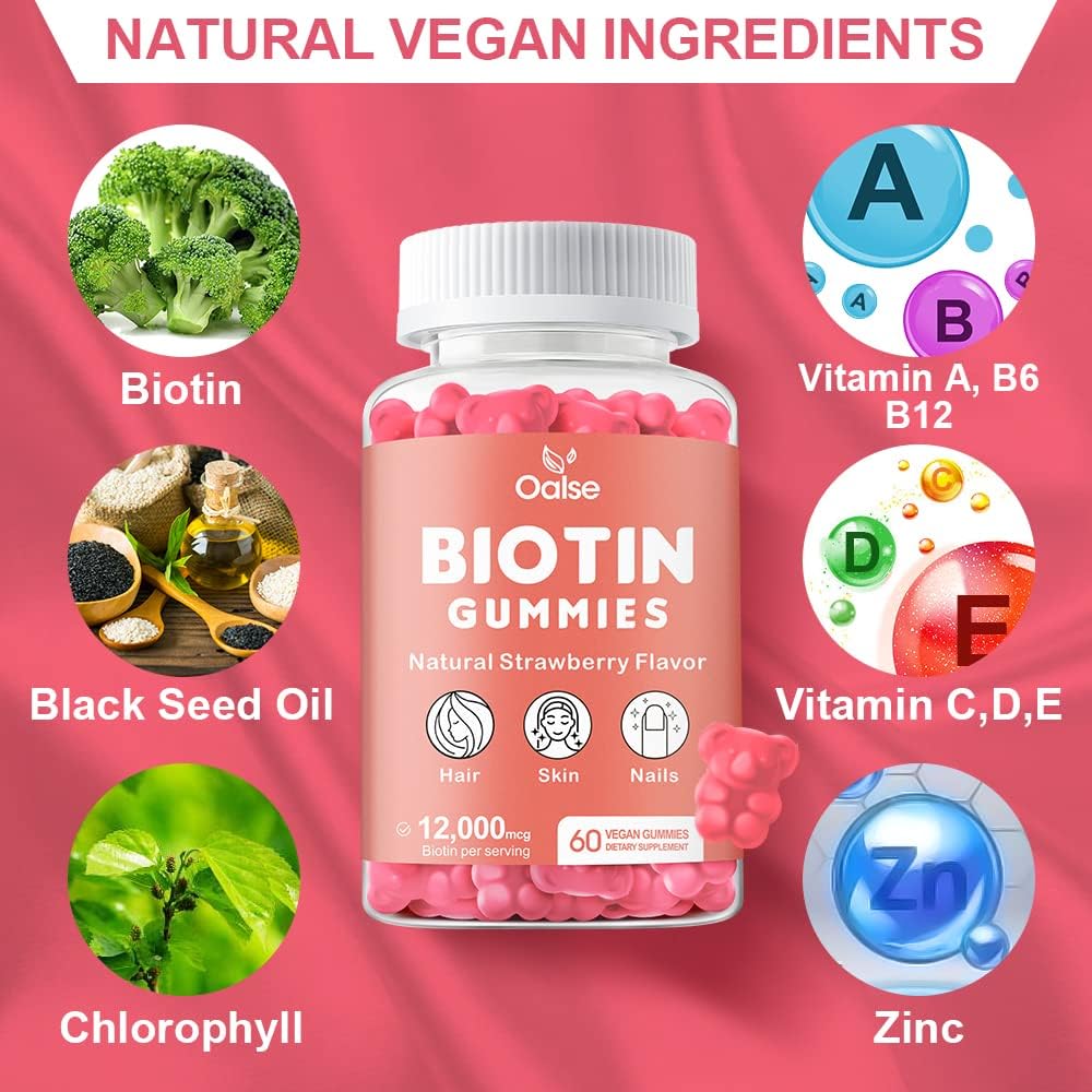 Biotin Gummies with Chlorophyll, Black Seed Oil, Multivitamins & Zinc - Hair, Skin, and Nails Support for Women - 12,000mcg (2-Pack)