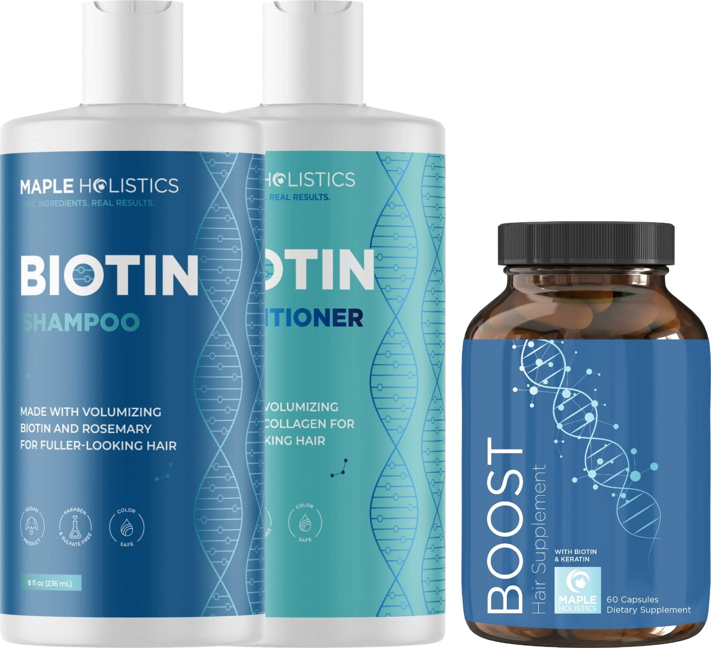 Biotin Hair Growth Set with Rosemary, Collagen - Volumizing Shampoo, Conditioner, Supplement Kit for Thickening Hair