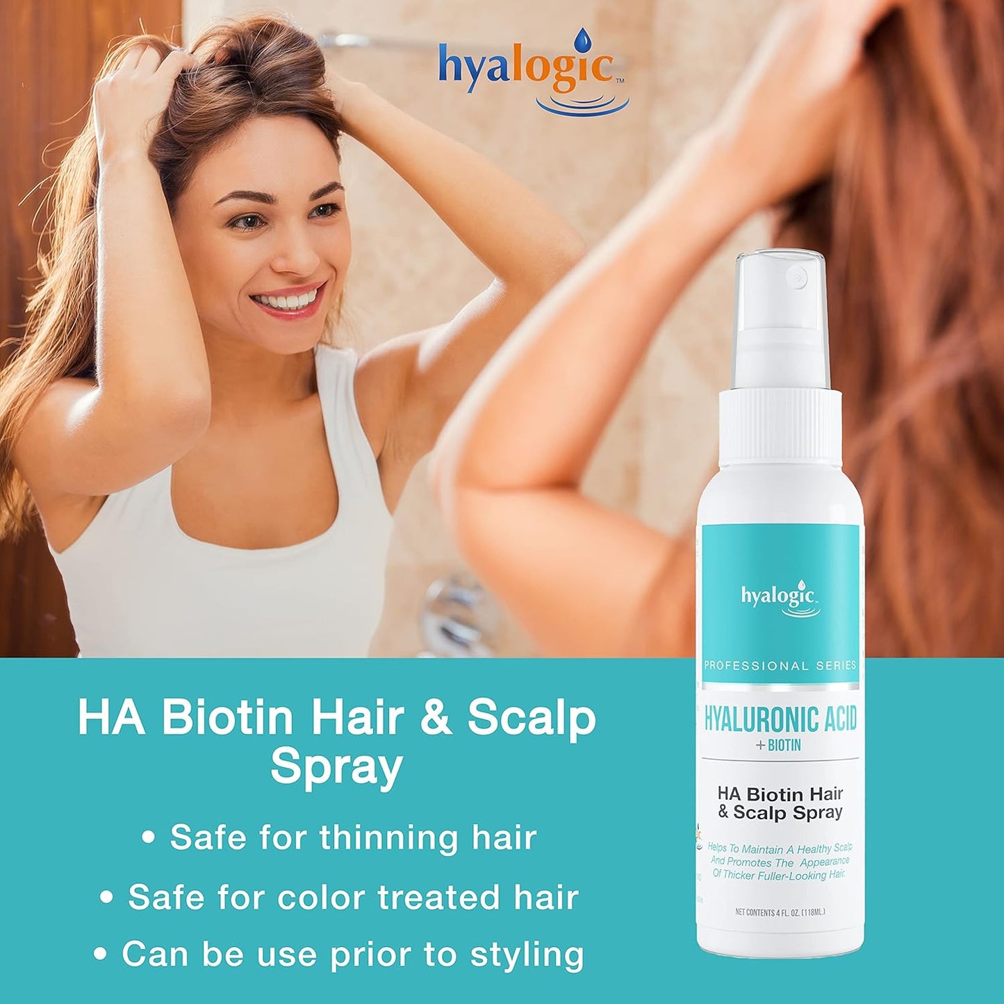 Biotin Hair Growth Spray with Hyaluronic Acid - Professional Formula for Thinning Hair - Hydrating Scalp Treatment for Volume (4 Fl oz)