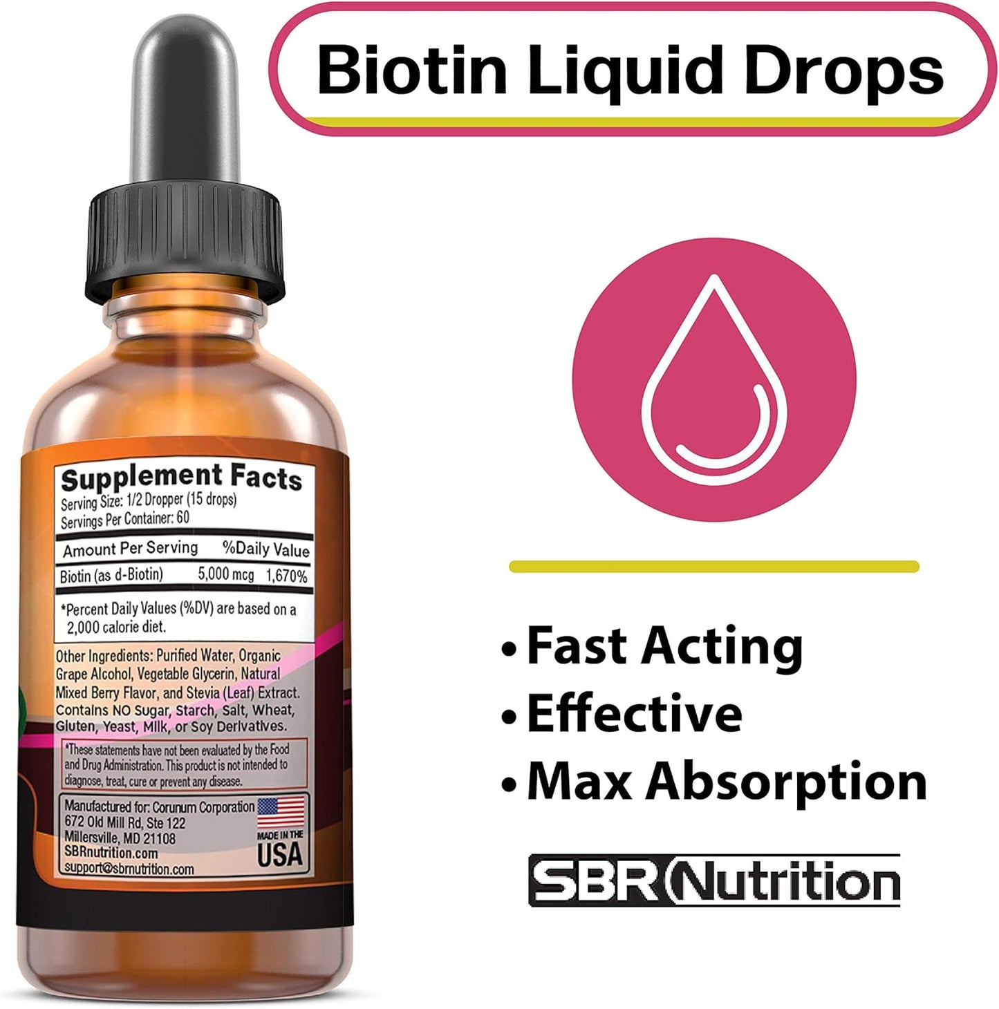 Biotin Liquid Drops for Hair Growth & Nail Strength - Mixed Berry Flavor, 5000mcg per Serving, Vegan, No Preservatives, High Absorption Formula, 60 Servings