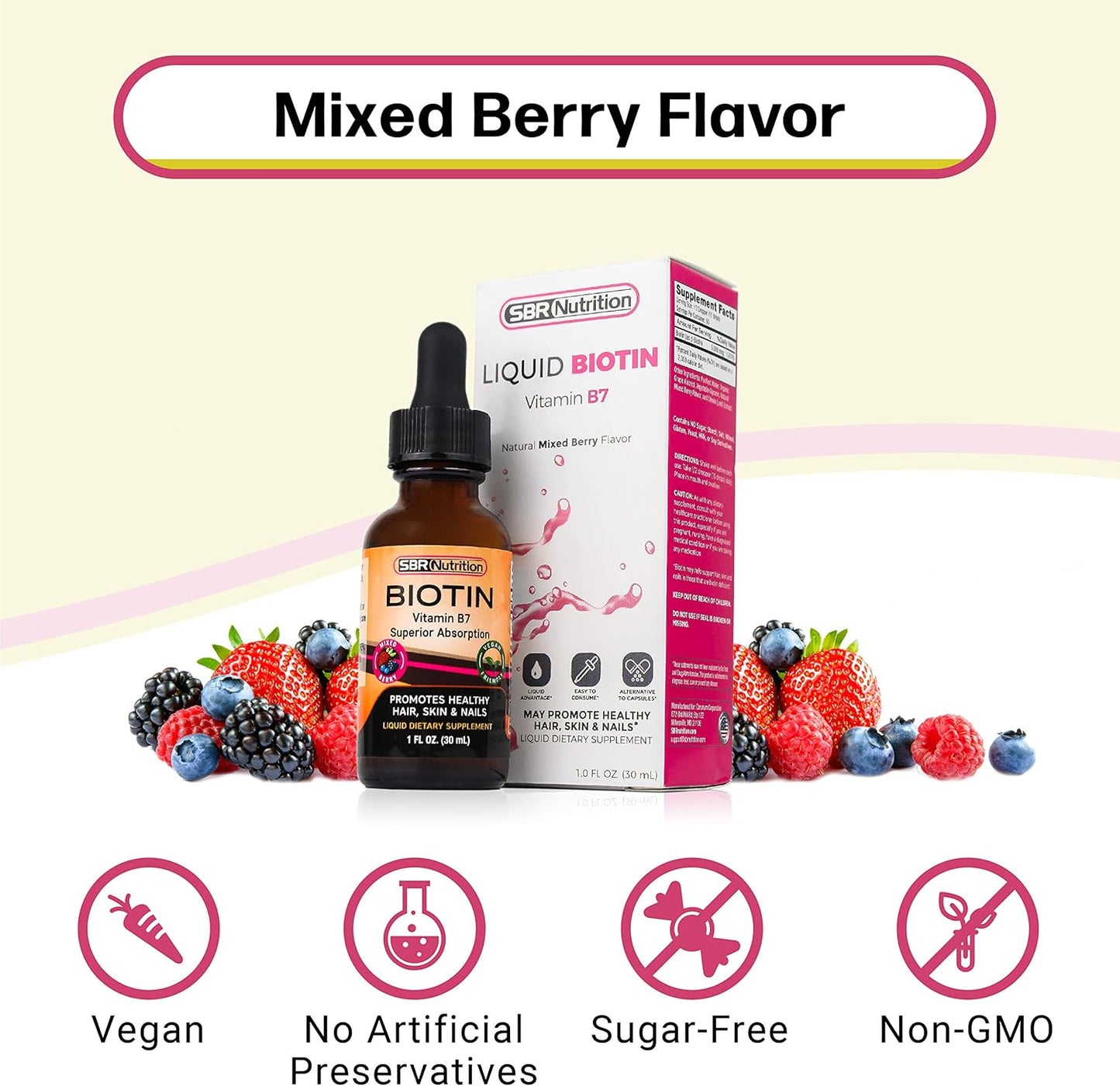 Biotin Liquid Drops for Hair Growth & Nail Strength - Mixed Berry Flavor, 5000mcg per Serving, Vegan, No Preservatives, High Absorption Formula, 60 Servings