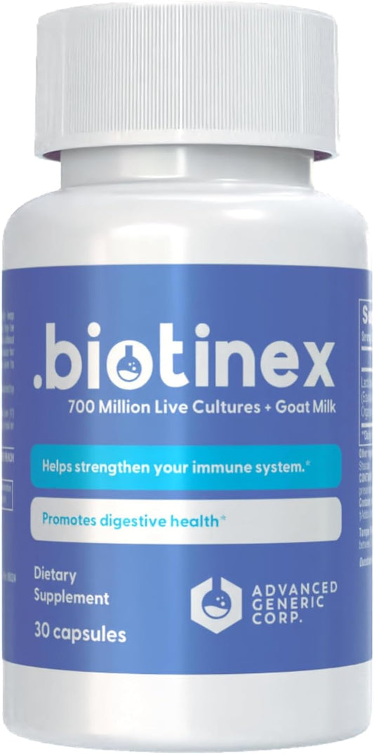 Biotinex Probiotic Capsules with Lactobacillus Acidophilus & Goat Milk - 700 Million Live Cultures - Supports Digestive Health for Women & Men - Relieves Constipation, Diarrhea, Gas, Bloating