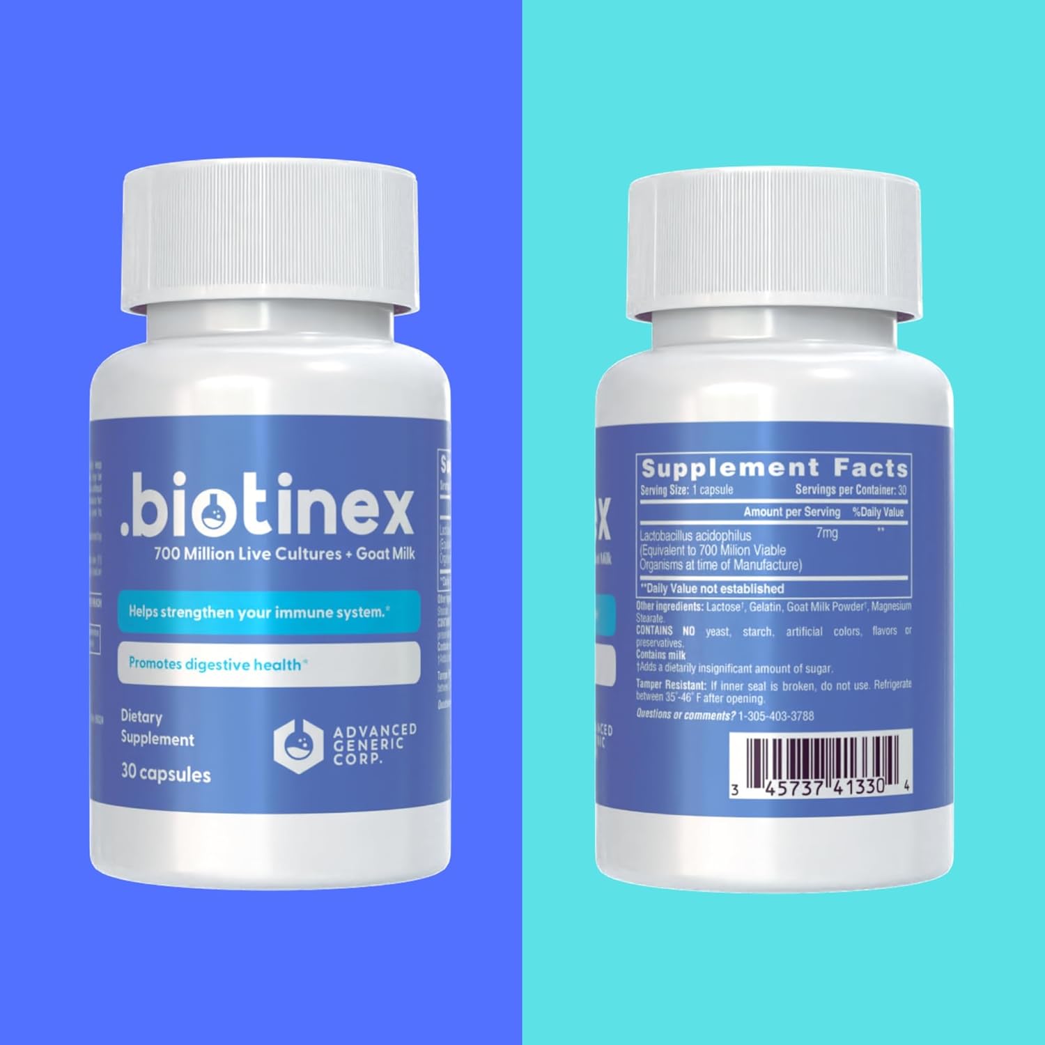Biotinex Probiotic Capsules with Lactobacillus Acidophilus & Goat Milk - 700 Million Live Cultures - Supports Digestive Health for Women & Men - Relieves Constipation, Diarrhea, Gas, Bloating
