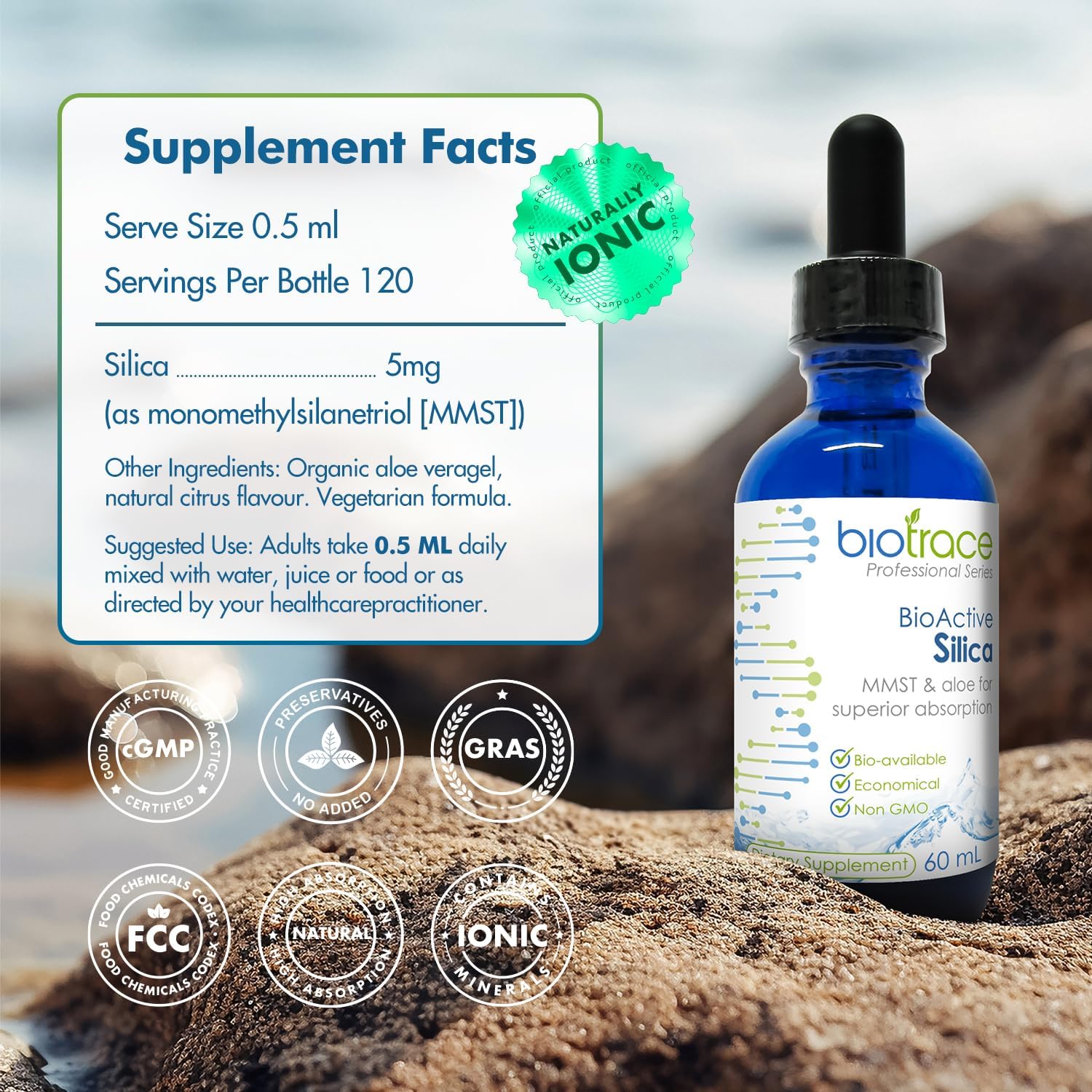 Biotrace BioActive Silica Drops | Liquid Mineral Concentrate for Hair, Skin, Nails, and Collagen Production | Supports Calcium, Joint, and Bone Health | 2.02 Fl Oz