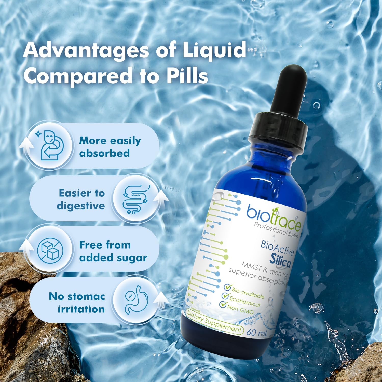 Biotrace BioActive Silica Drops | Liquid Mineral Concentrate for Hair, Skin, Nails, and Collagen Production | Supports Calcium, Joint, and Bone Health | 2.02 Fl Oz