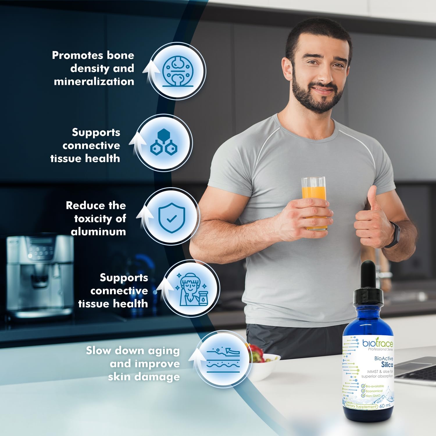 Biotrace BioActive Silica Drops | Liquid Mineral Concentrate for Hair, Skin, Nails, and Collagen Production | Supports Calcium, Joint, and Bone Health | 2.02 Fl Oz