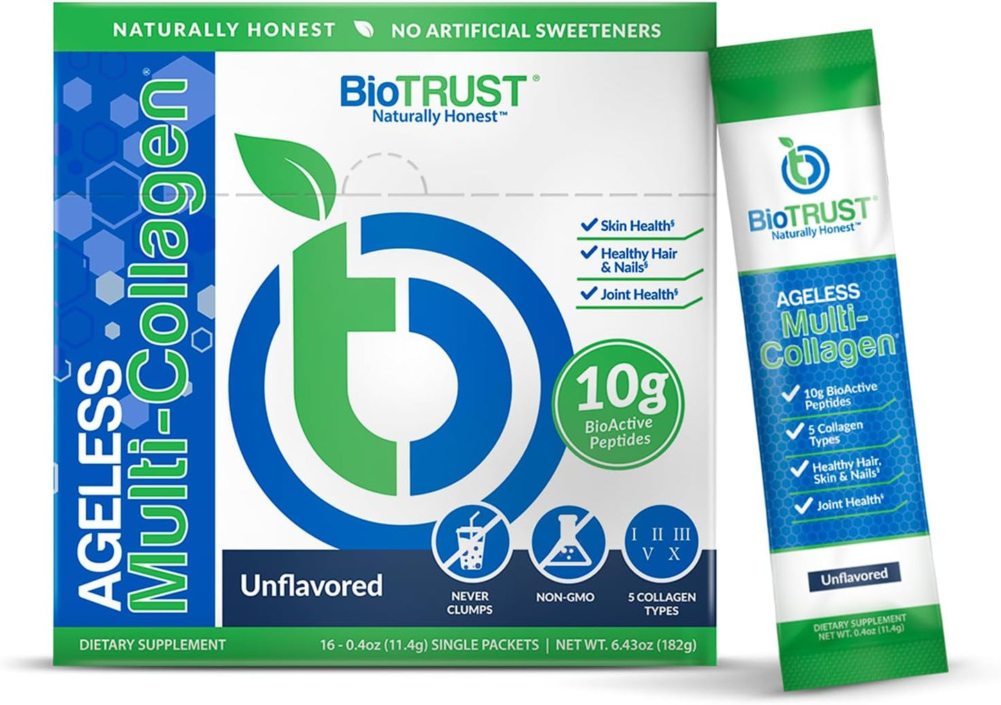 BioTrust Ageless Multi Collagen Peptides Powder - Unflavored Hydrolyzed Protein with Types I, II, III, V, X for Men & Women - Grass Fed Beef, Fish, Chicken, Eggshell Membrane - 16 Packets