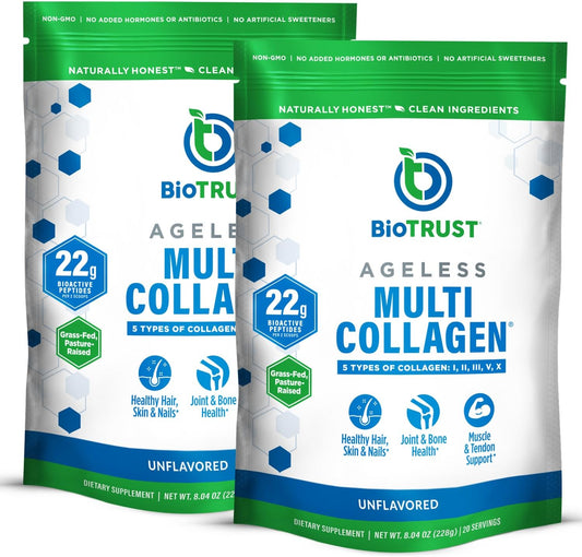 BioTrust Ageless Multi Collagen Protein Powder - 5 Collagen Types for Hair, Skin, Nails & Joints - Grass Fed Beef, Sustainable Fish, Chicken & Eggshell Membrane - Unflavored, 2 Pack
