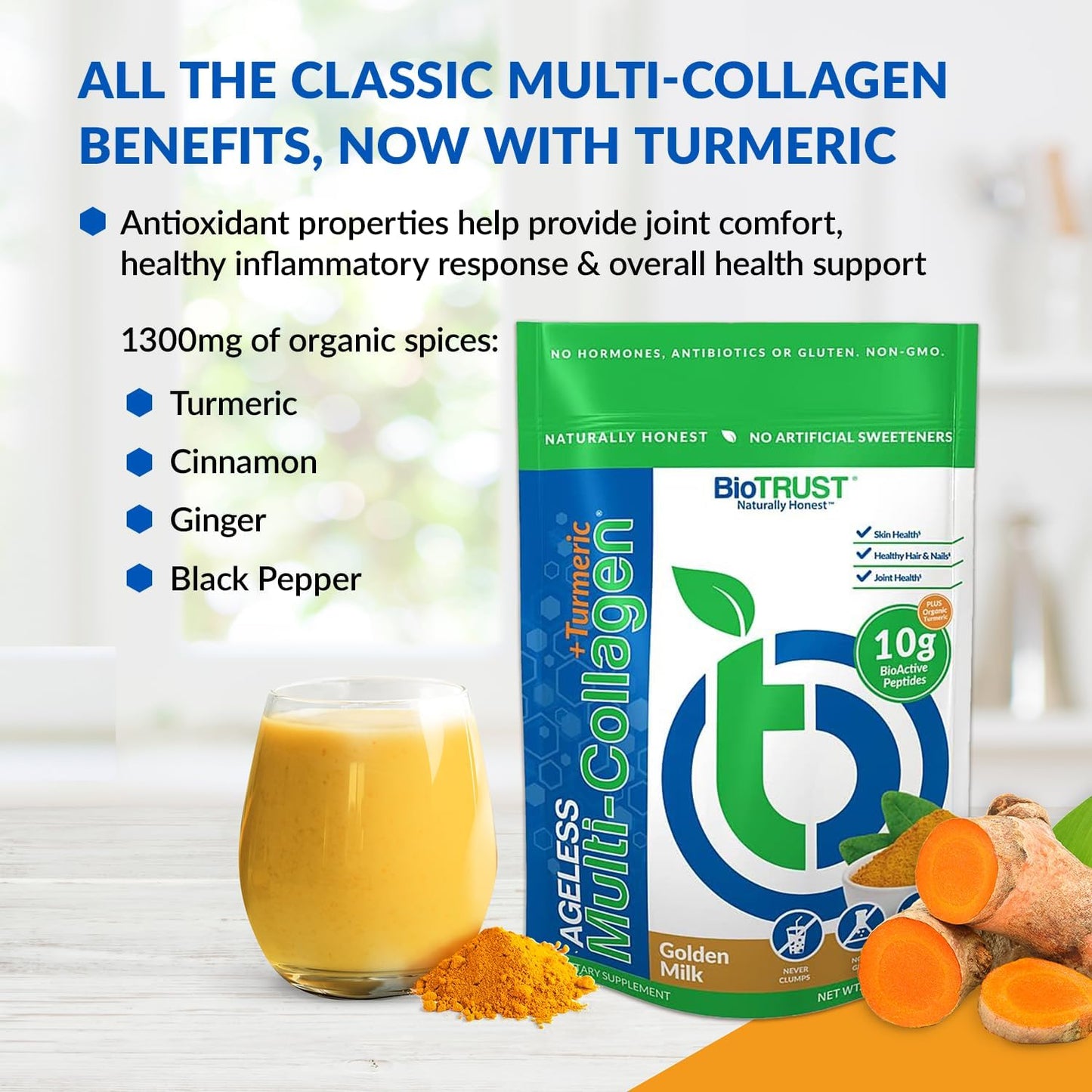 BioTrust Collagen Powder with Turmeric - 5 Types for Women & Men - Hydrolyzed Protein from Grass-Fed Sources - Golden Milk Formula