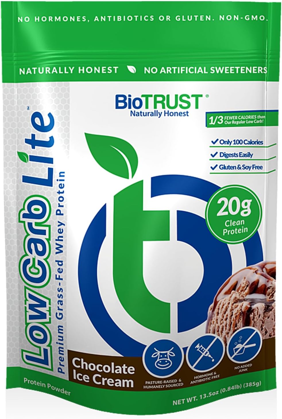 BioTrust Low Carb Lite Chocolate Ice Cream: Grass-Fed Whey Protein Isolate, 20g Protein, 100 Calories, ProHydrolase Enzymes, Non-GMO, Soy & Gluten-Free