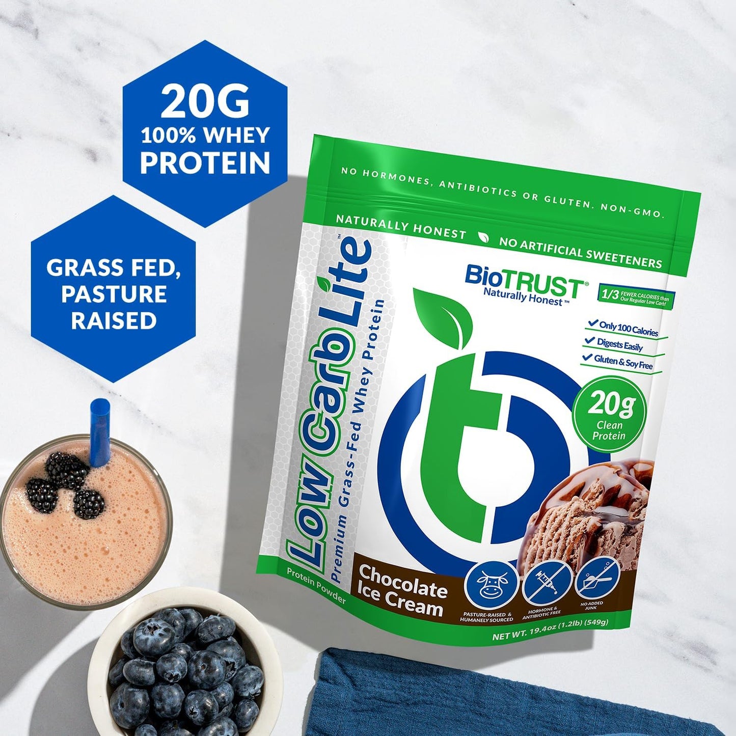 BioTrust Low Carb Lite Chocolate Ice Cream: Grass-Fed Whey Protein Isolate, 20g Protein, 100 Calories, ProHydrolase Enzymes, Non-GMO, Soy & Gluten-Free
