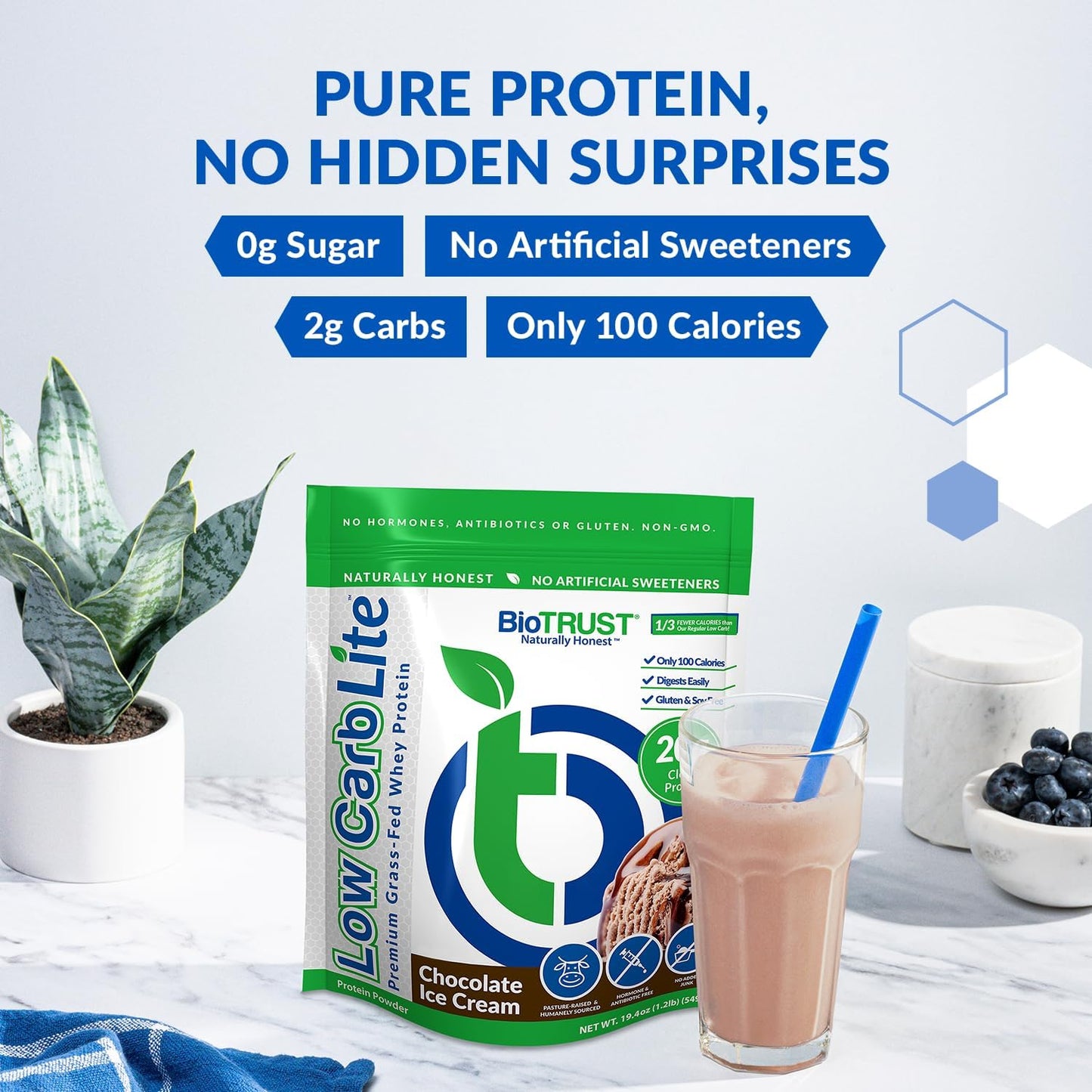 BioTrust Low Carb Lite Chocolate Ice Cream: Grass-Fed Whey Protein Isolate, 20g Protein, 100 Calories, ProHydrolase Enzymes, Non-GMO, Soy & Gluten-Free