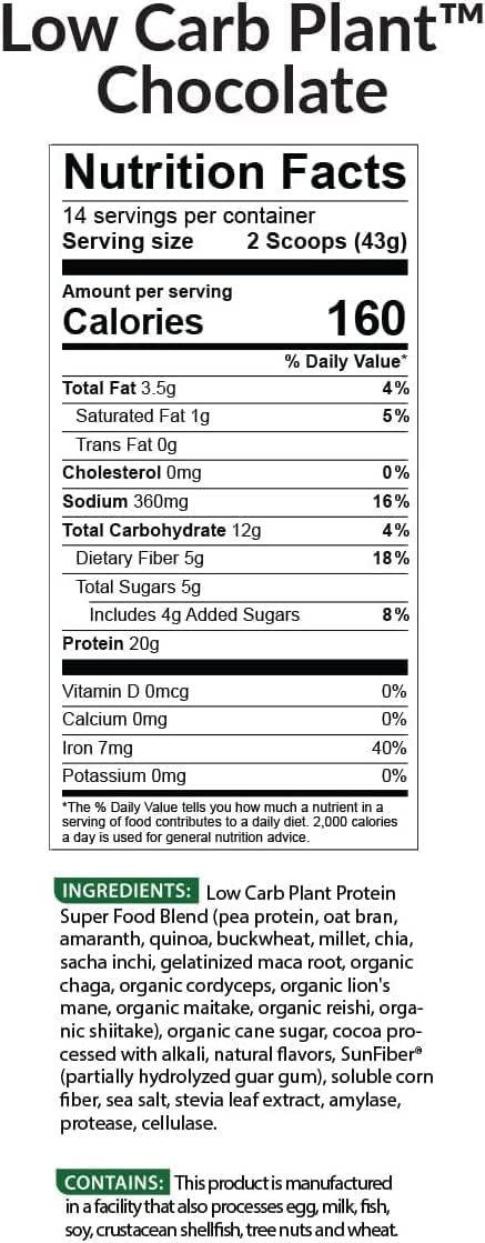 BioTrust Low Carb Plant-Based Protein Powder - Creamy & Delicious Chocolate Flavor, 20g Protein, 5g Fiber, 15 Superfoods, Vegan & Dairy-Free, Digestive Enzymes - 14 Servings