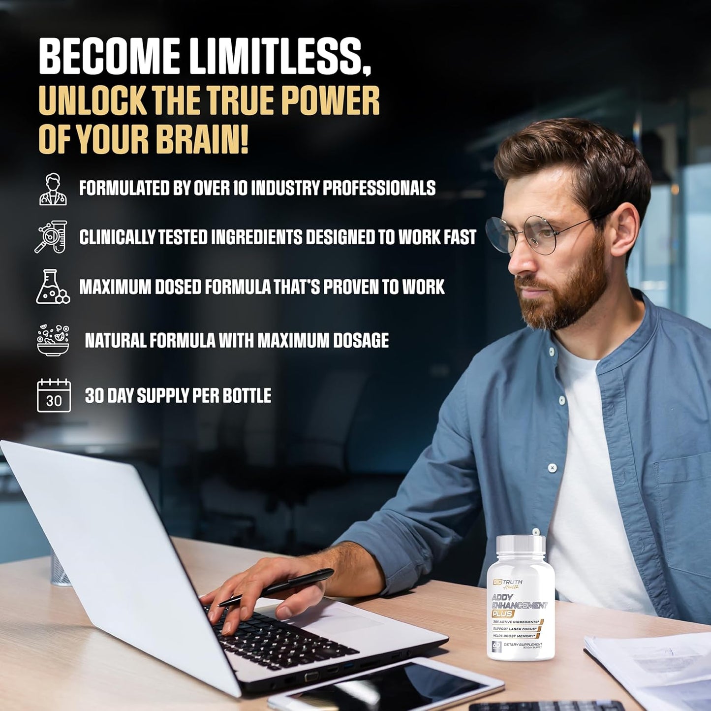 BioTruth Health Nootropic Brain Supplement with 38 Ingredients for Memory, Focus & Energy - Highest Dosage Natural Adderall Substitute - USA Made - 60 Pills